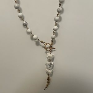 Gold With Grey/White Marbled Beaded Necklace With Feather Charm